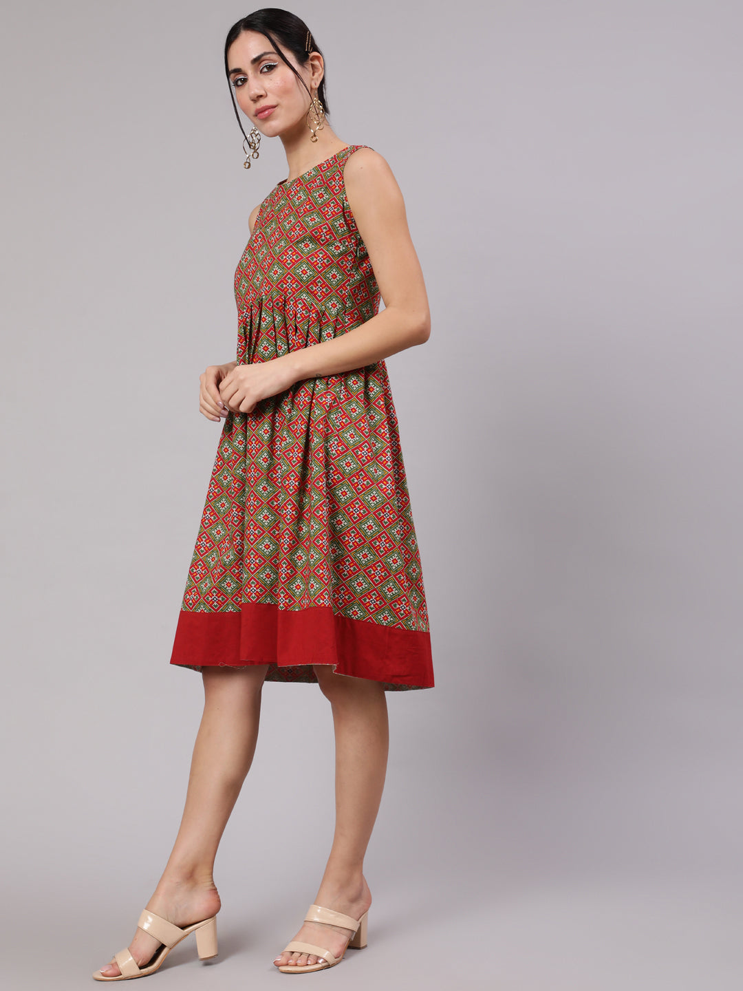 Red & Green Patola Print Pleated Midi Dress