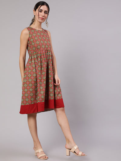 Red & Green Patola Print Pleated Midi Dress