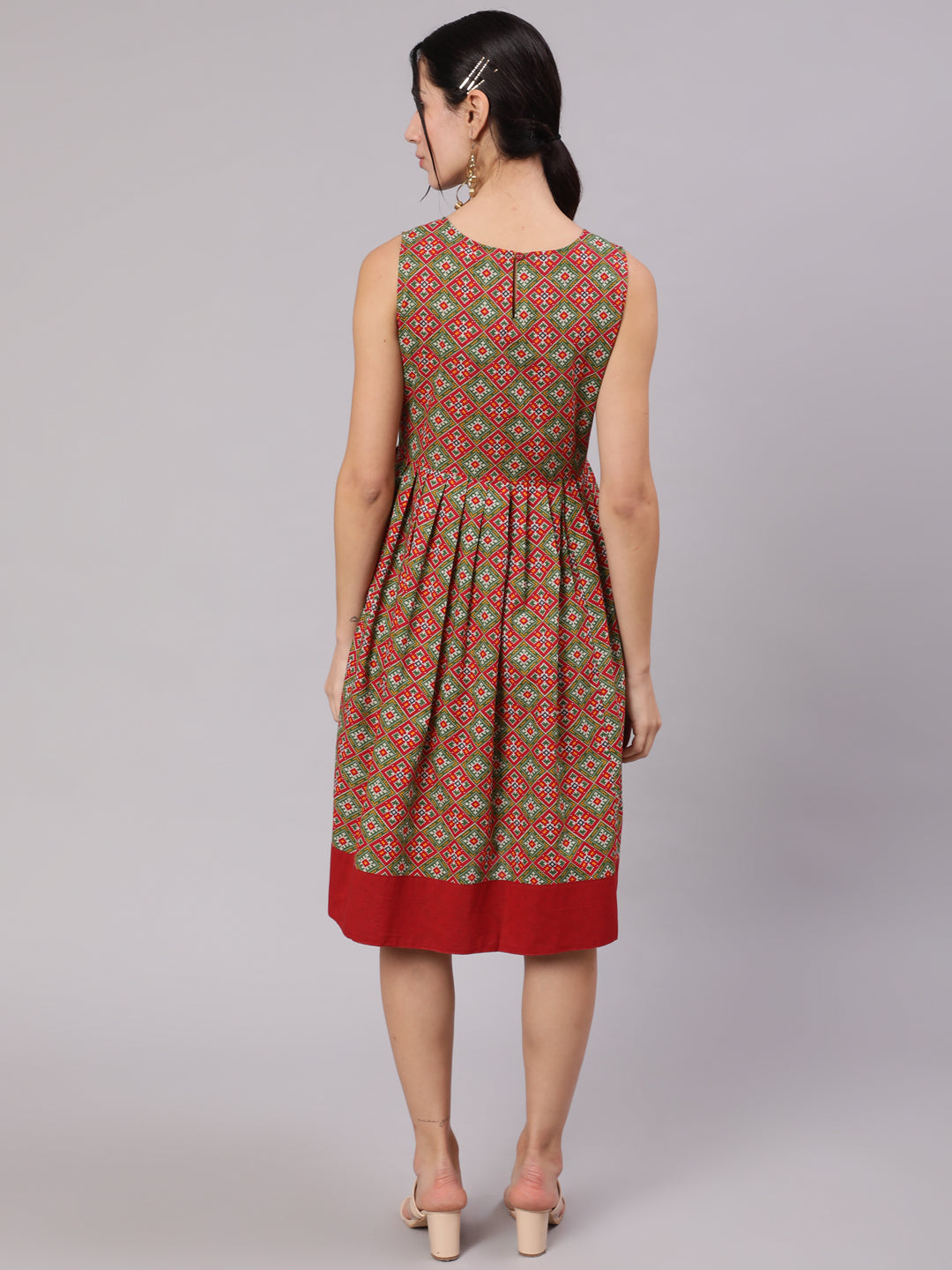 Red & Green Patola Print Pleated Midi Dress