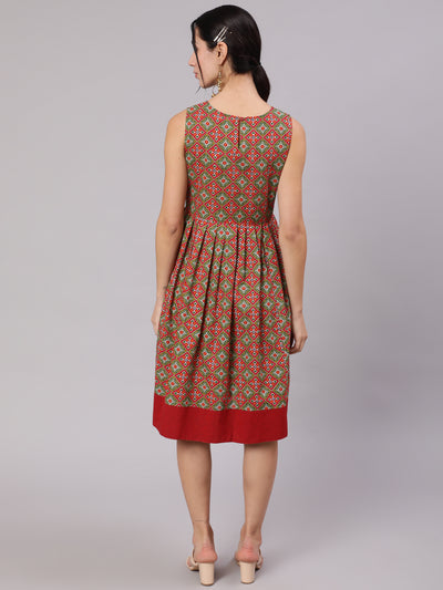 Red & Green Patola Print Pleated Midi Dress