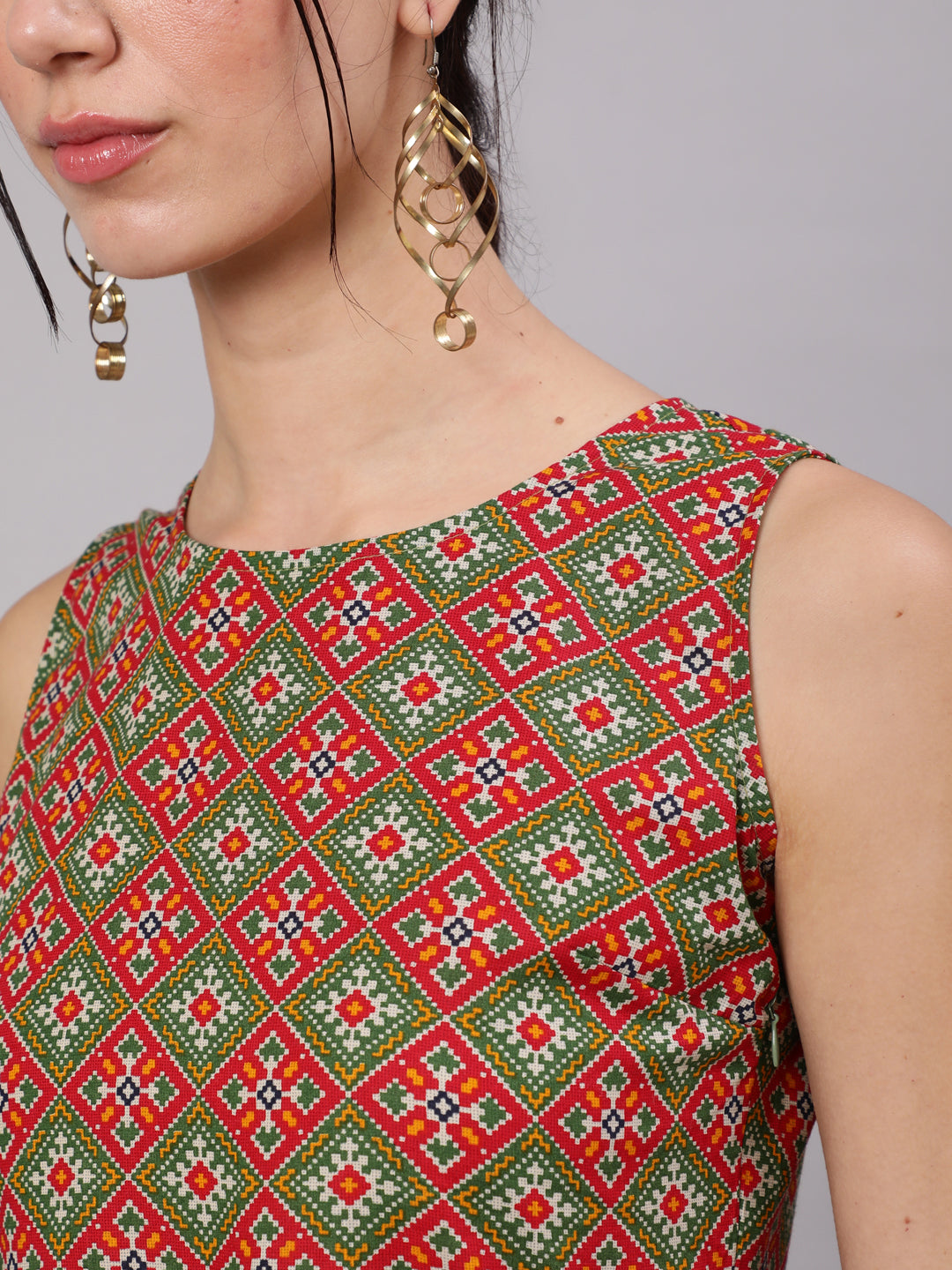Red & Green Patola Print Pleated Midi Dress