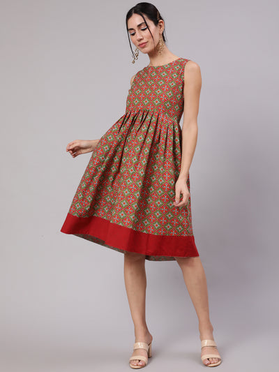 Red & Green Patola Print Pleated Midi Dress
