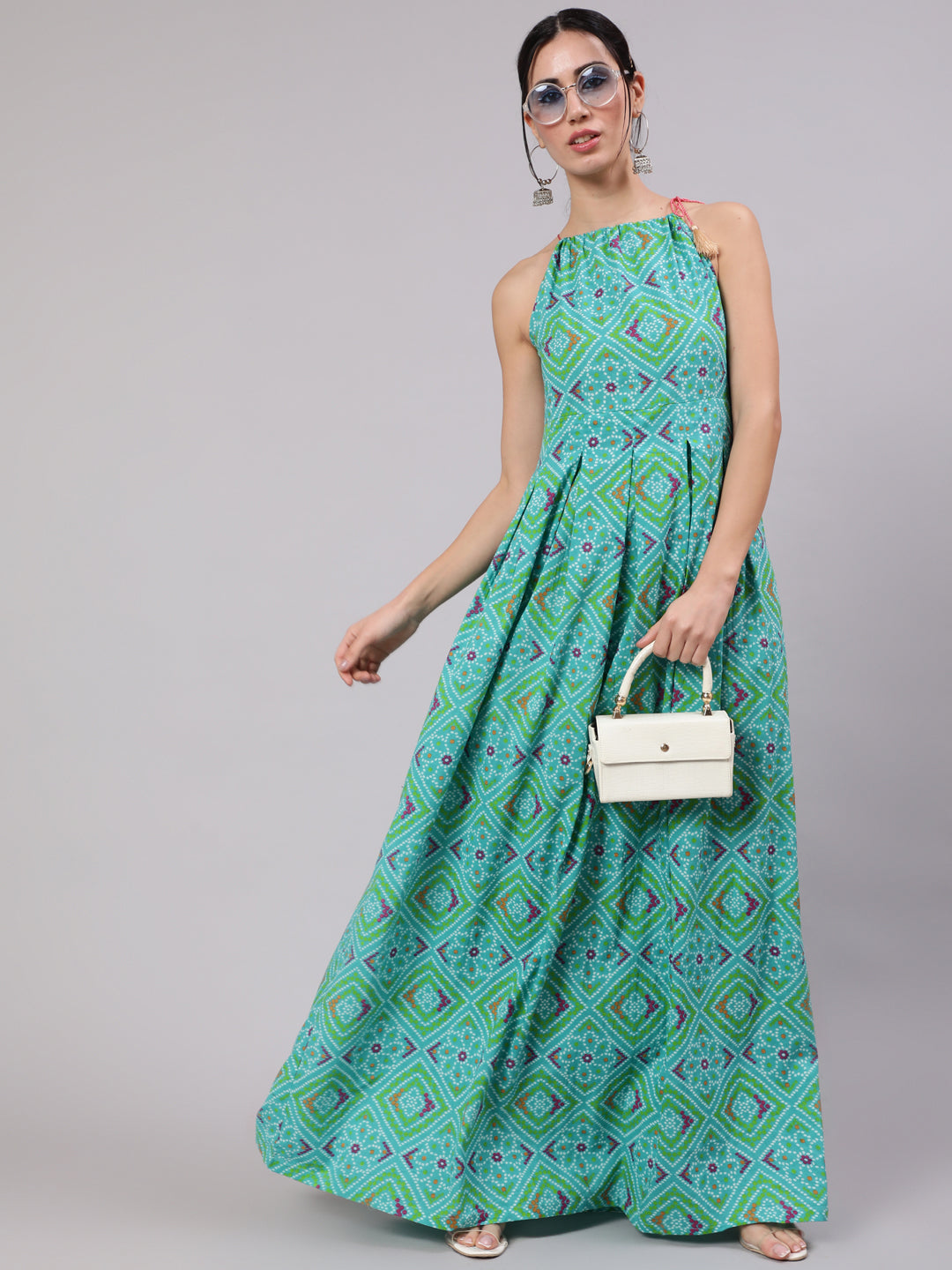 Blue Bandhani Print Box Pleated Maxi Dress