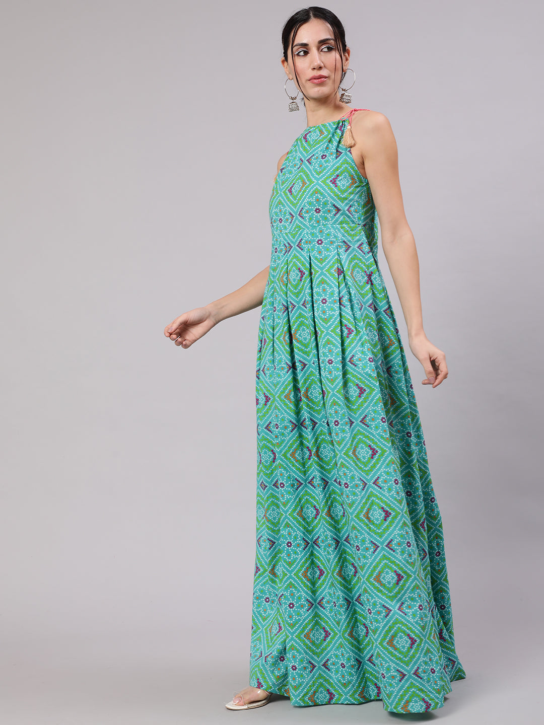 Blue Bandhani Print Box Pleated Maxi Dress