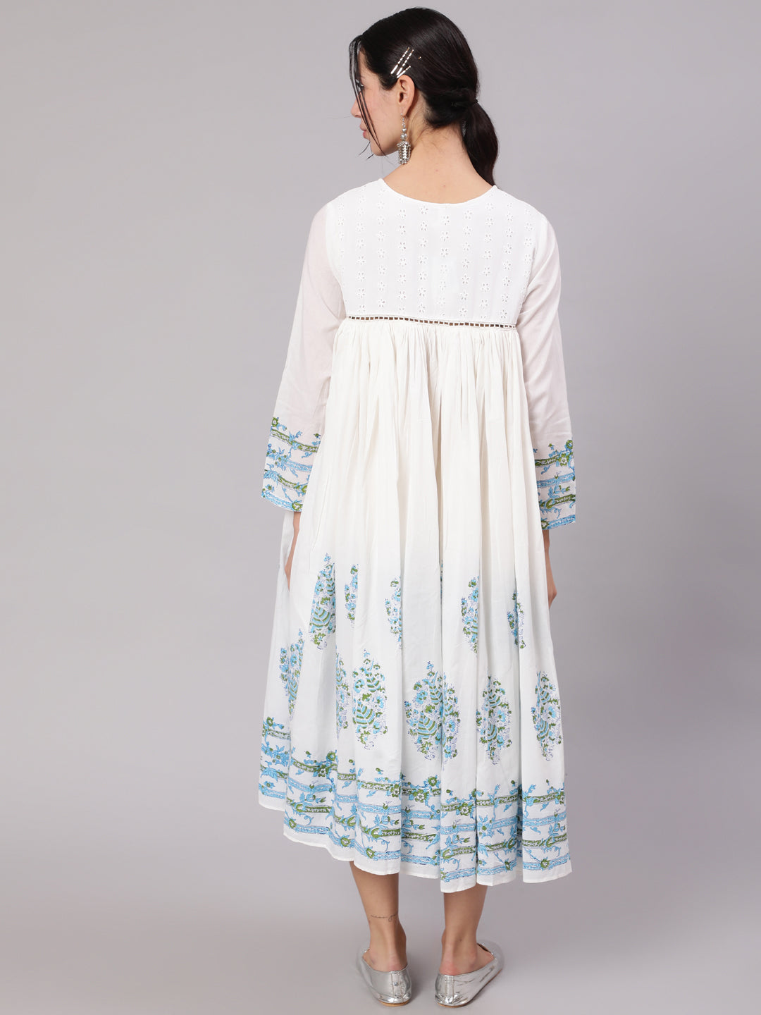 White Floral Print Flared Midi Dress
