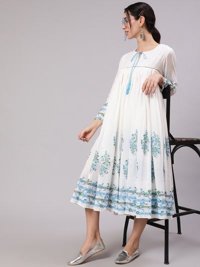 White Floral Print Flared Midi Dress