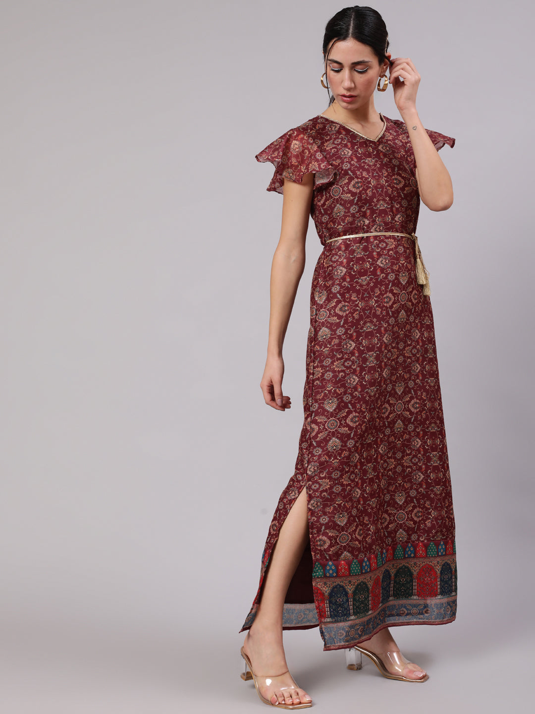 Burgundy Digital Print Slit Maxi Dress