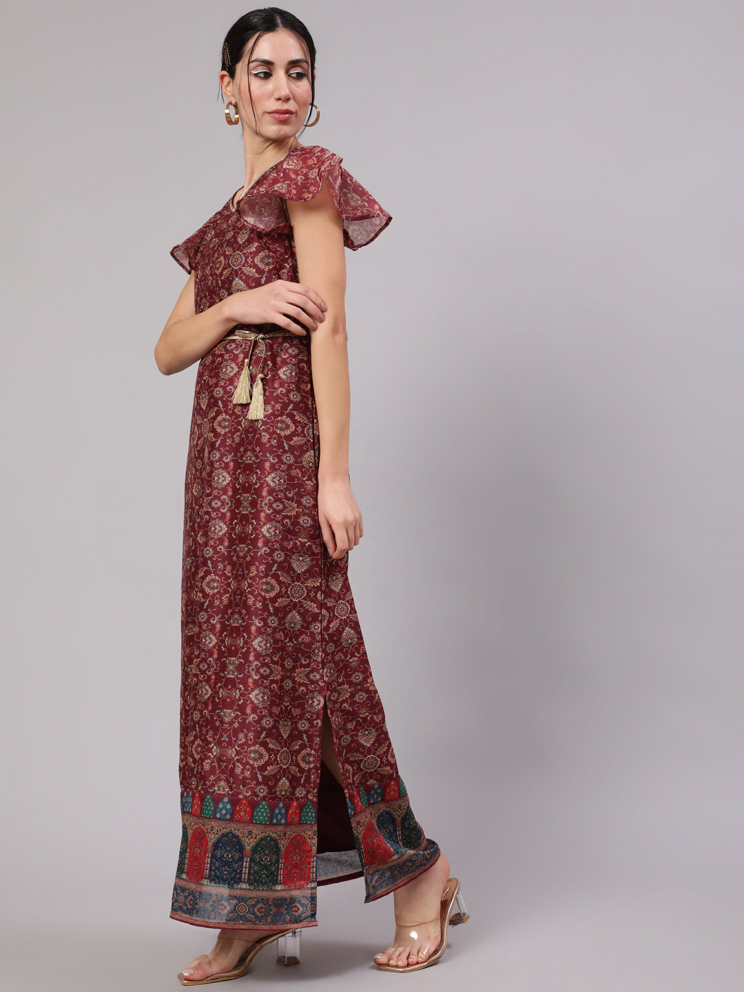 Burgundy Digital Print Slit Maxi Dress