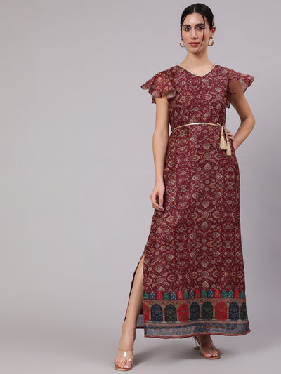 Burgundy Digital Print Slit Maxi Dress