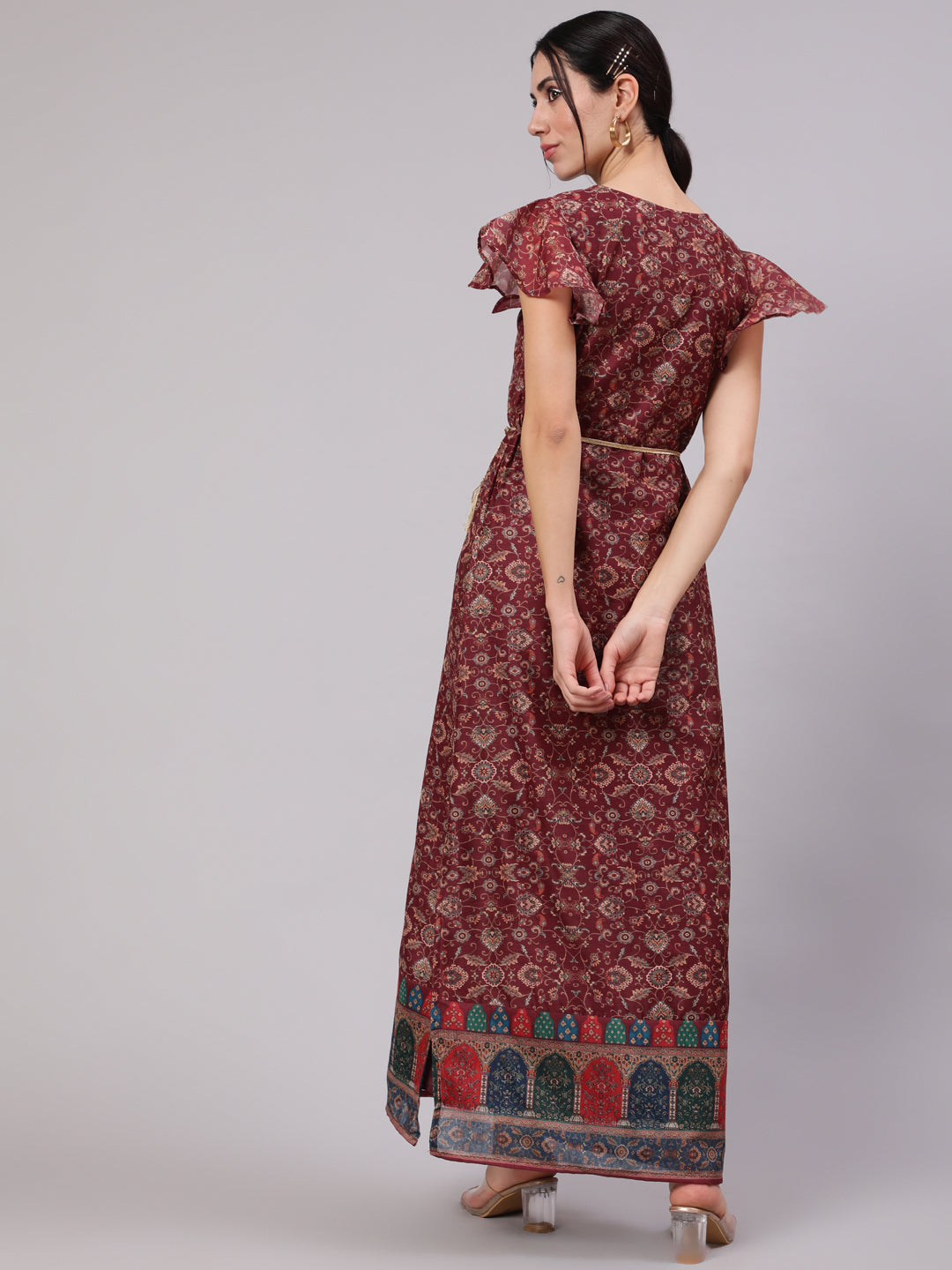 Burgundy Digital Print Slit Maxi Dress