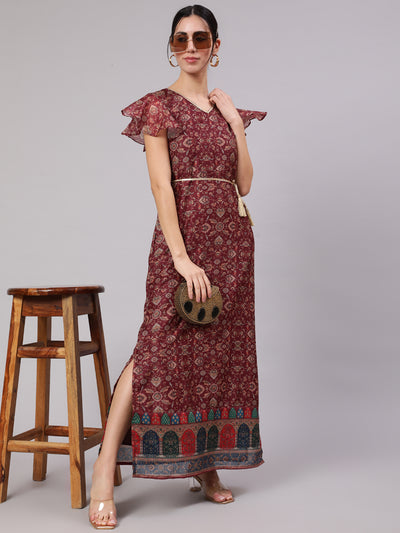 Burgundy Digital Print Slit Maxi Dress