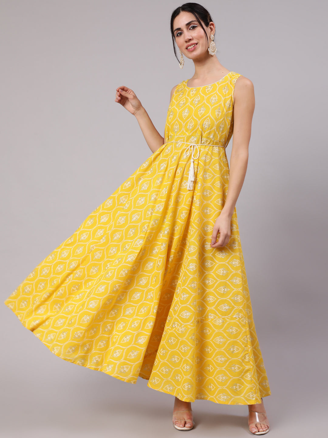 Yellow Printed Flared Maxi Dress