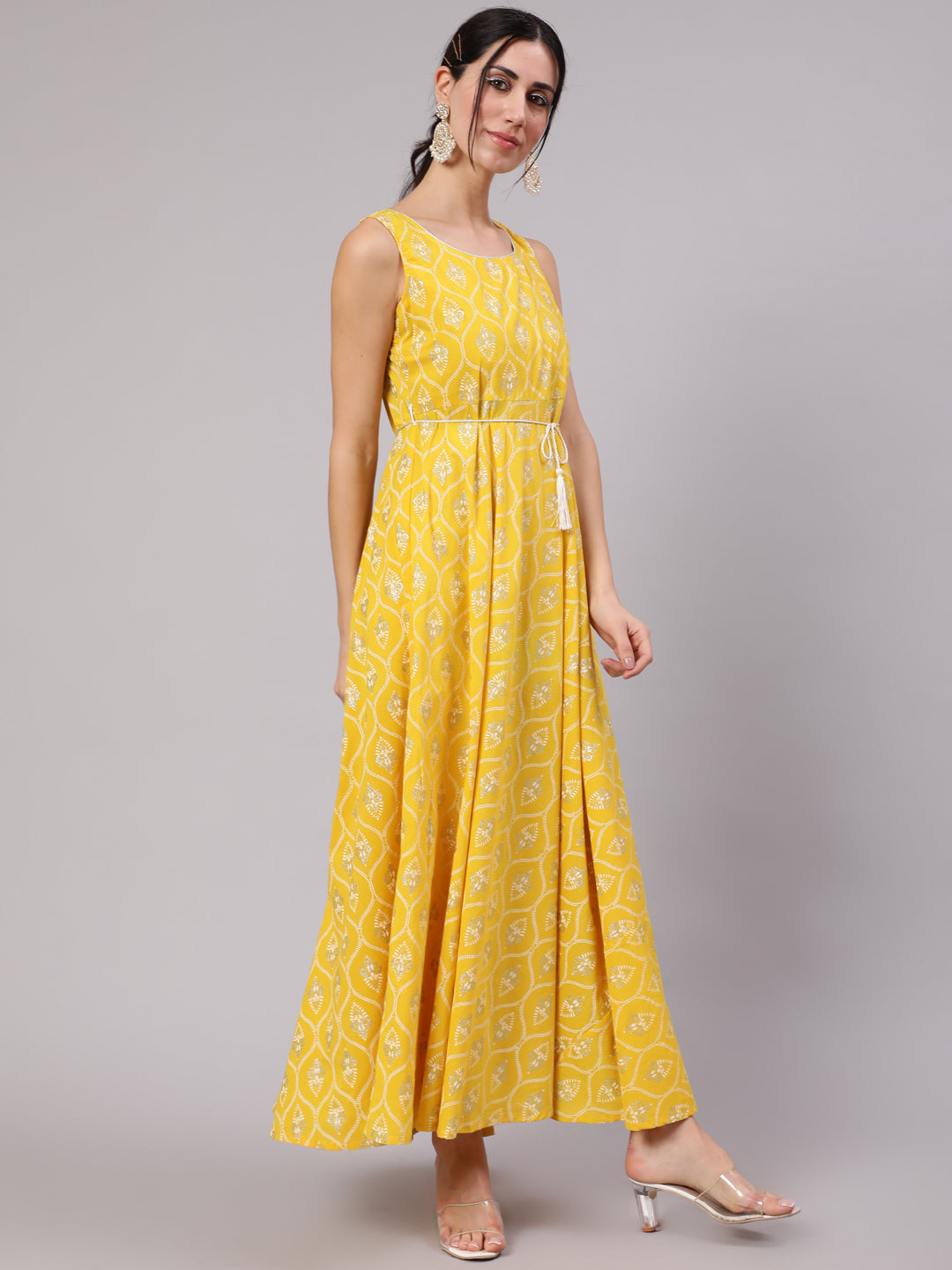 Yellow Printed Flared Maxi Dress