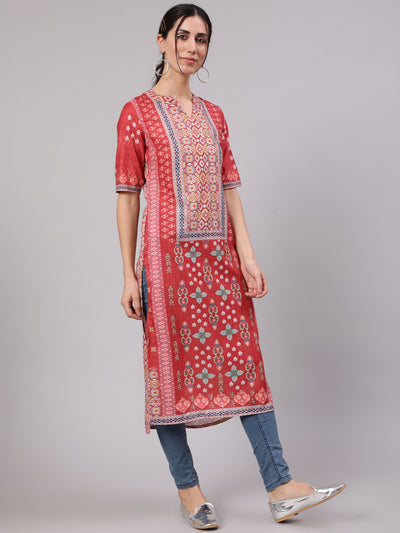 Red Digital Print Straight Kurta