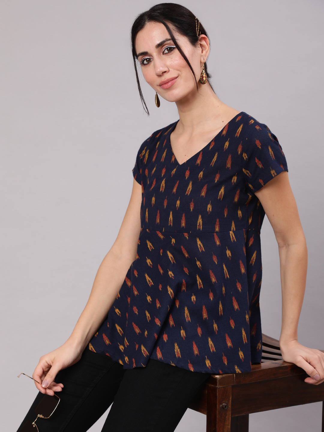 Navy Blue Ikat Design Top