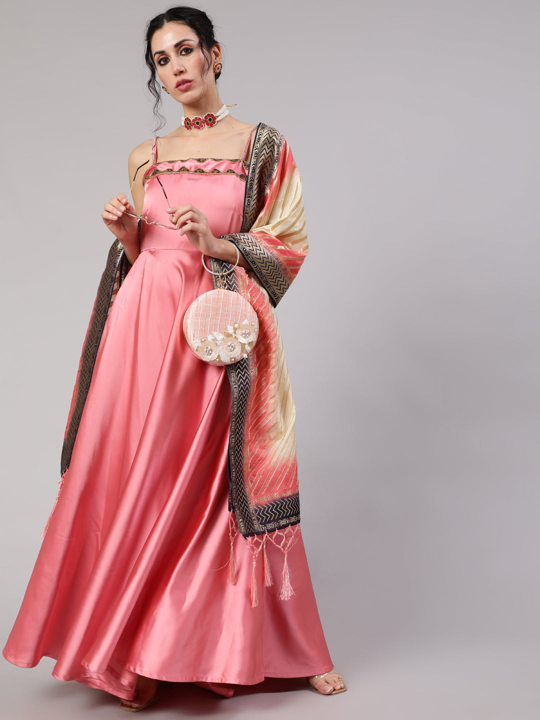 Mauve Flared Maxi Dress With Dupatta