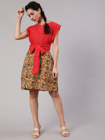 Mustard Kalamkari Floral Print Shift Dress With Red Tie-Up Top