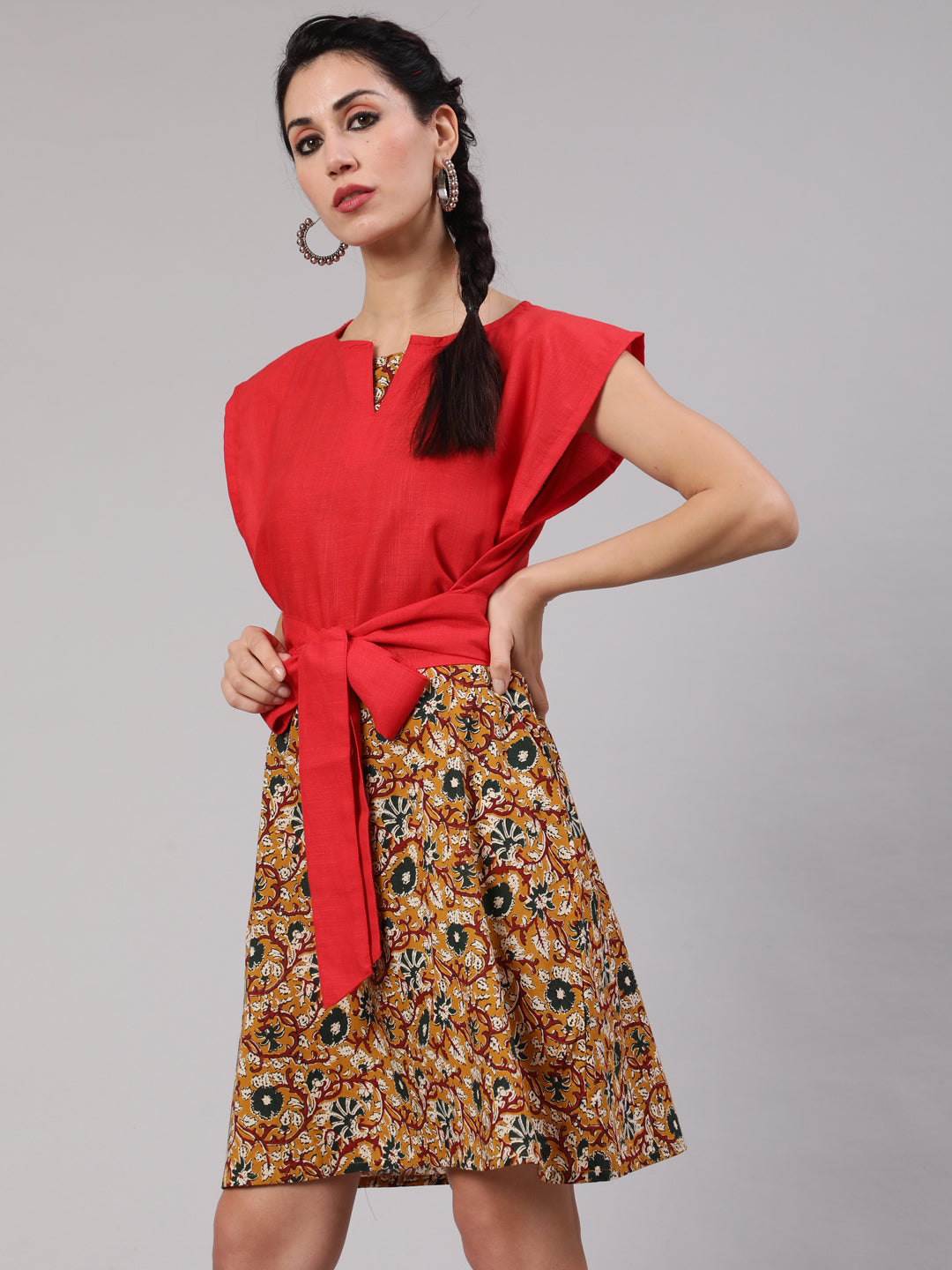 Mustard Kalamkari Floral Print Shift Dress With Red Tie-Up Top