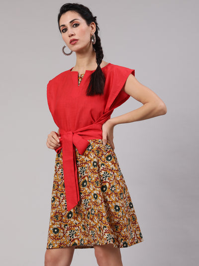 Mustard Kalamkari Floral Print Shift Dress With Red Tie-Up Top