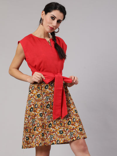 Mustard Kalamkari Floral Print Shift Dress With Red Tie-Up Top