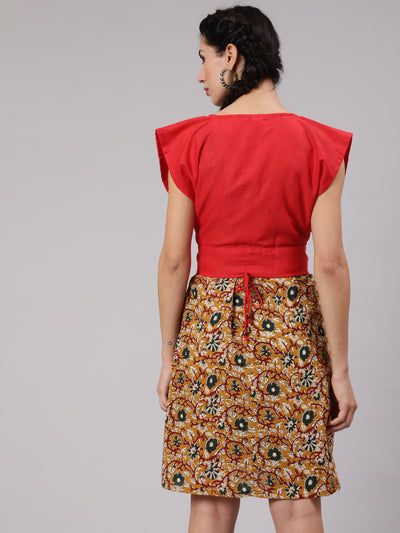 Mustard Kalamkari Floral Print Shift Dress With Red Tie-Up Top
