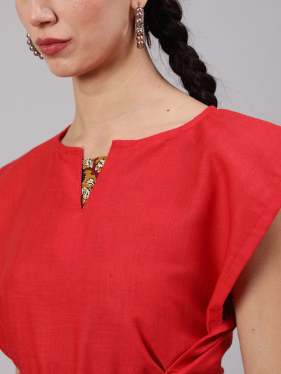 Mustard Kalamkari Floral Print Shift Dress With Red Tie-Up Top
