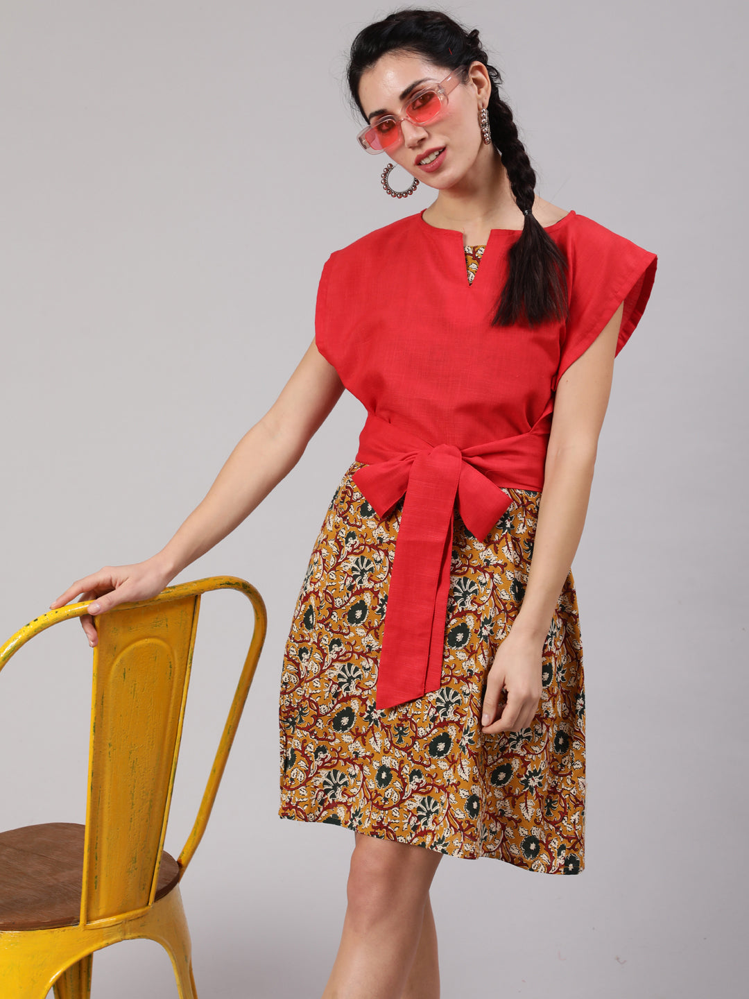 Mustard Kalamkari Floral Print Shift Dress With Red Tie-Up Top