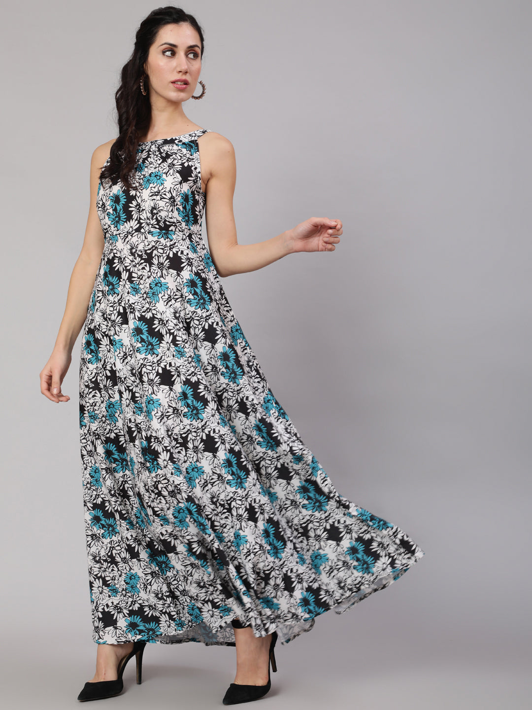 Blue & White Floral Print Maxi Dress