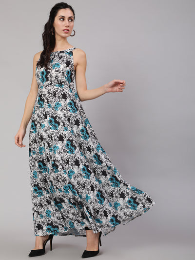 Blue & White Floral Print Maxi Dress