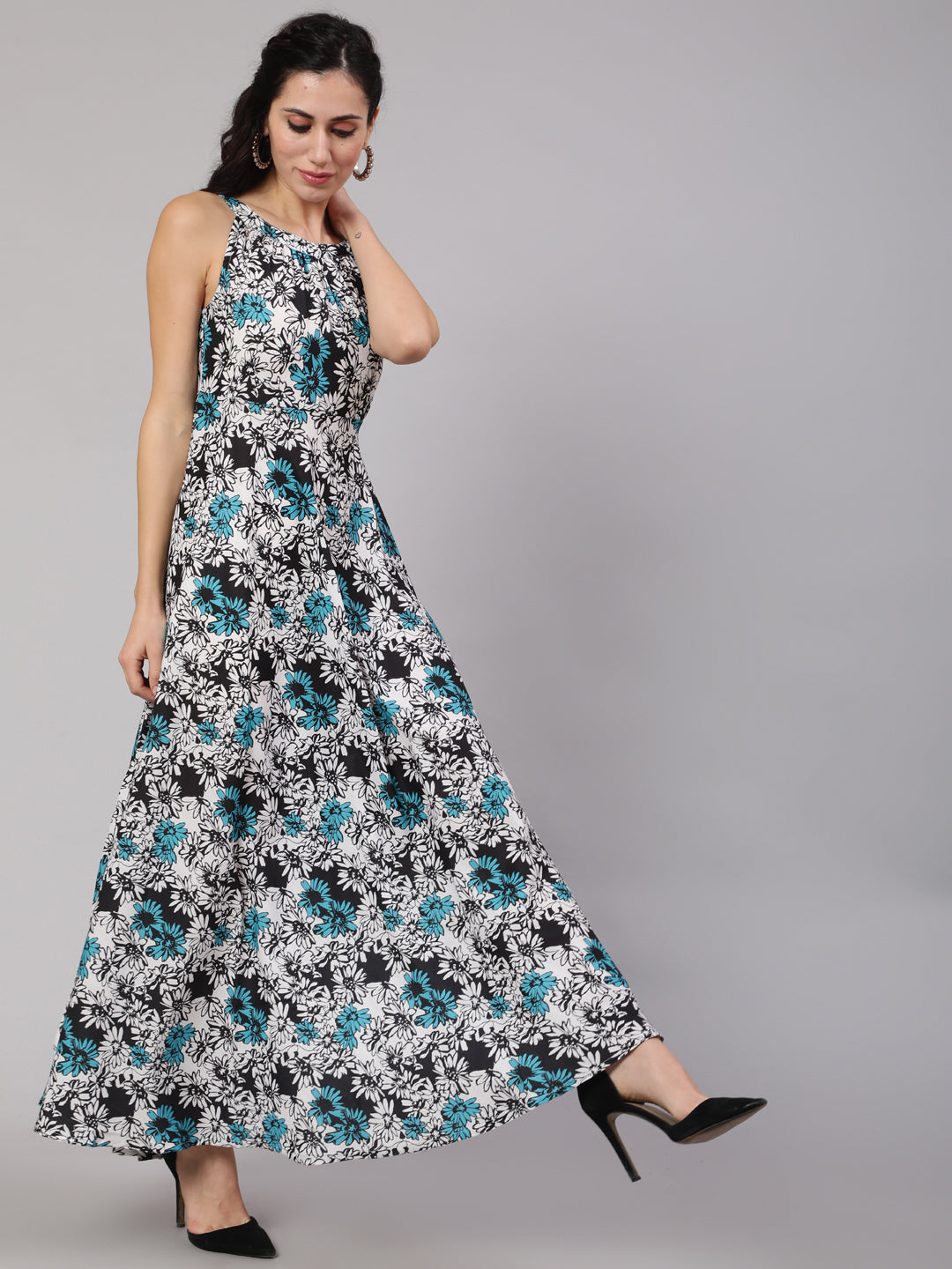 Blue & White Floral Print Maxi Dress