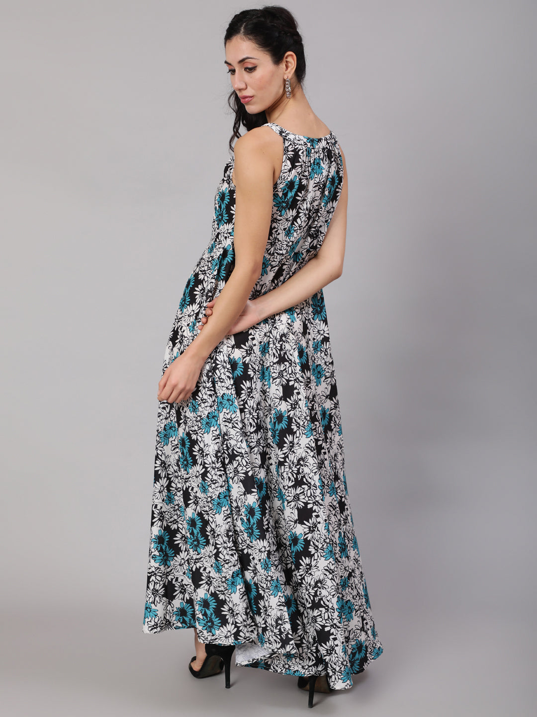Blue & White Floral Print Maxi Dress