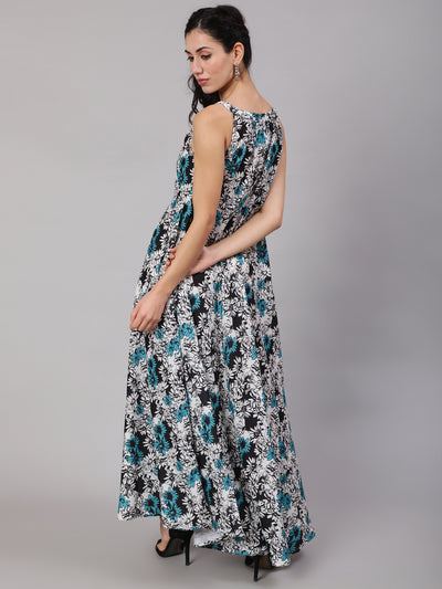 Blue & White Floral Print Maxi Dress