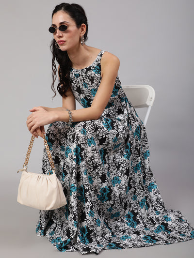 Blue & White Floral Print Maxi Dress