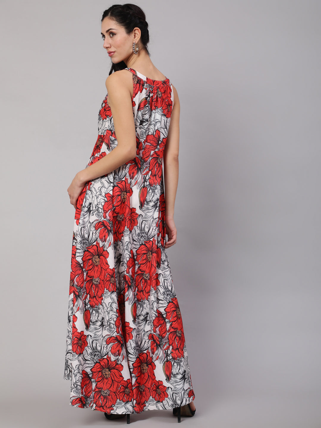 White & Red Floral Print Maxi Dress