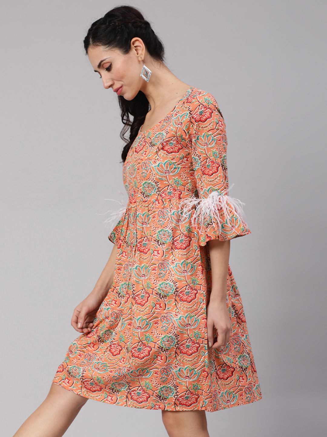 Peach Floral Print Short Dress
