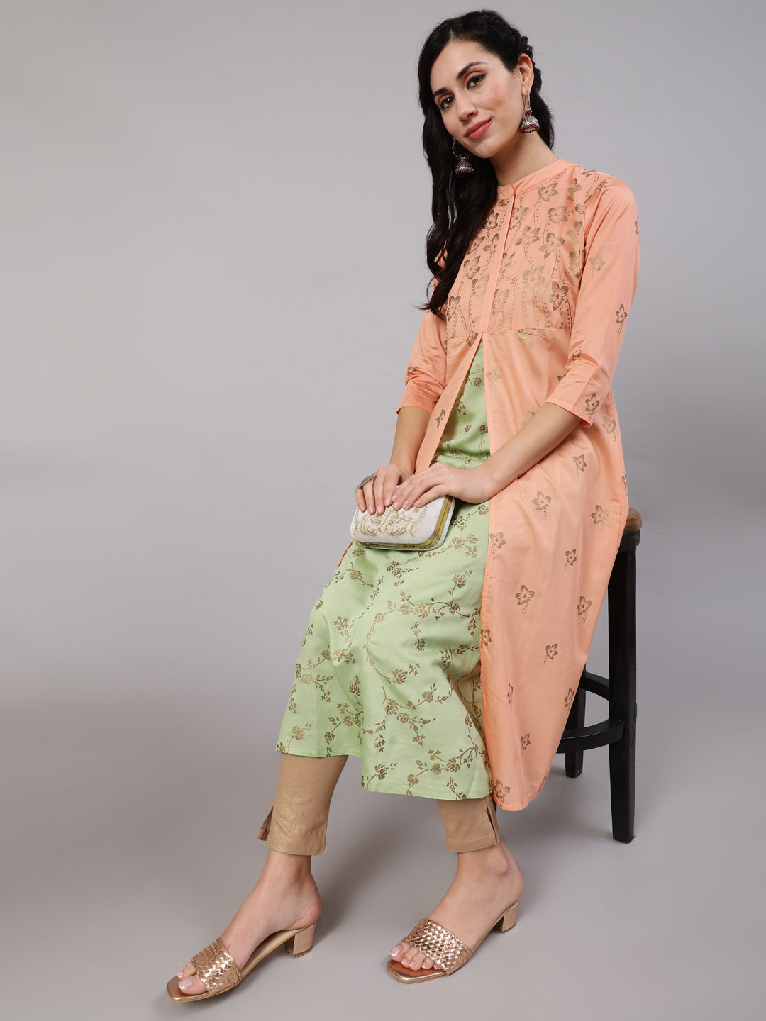 Peach & Green Gold Print Layered Kurta