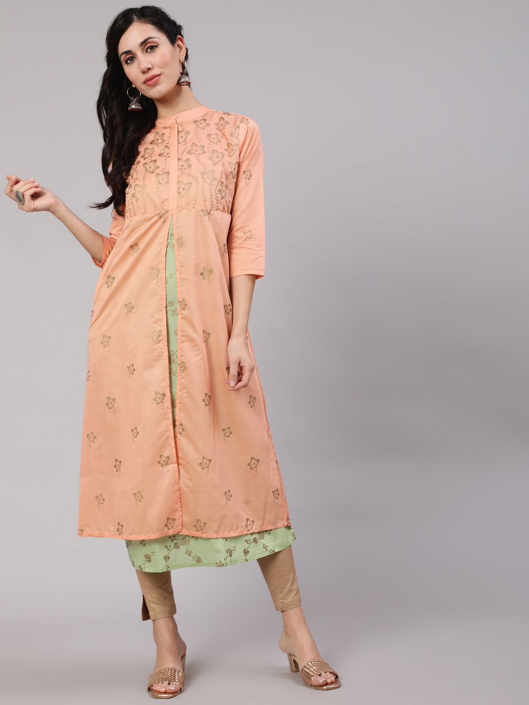 Peach & Green Gold Print Layered Kurta