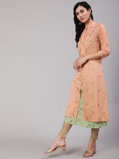 Peach & Green Gold Print Layered Kurta