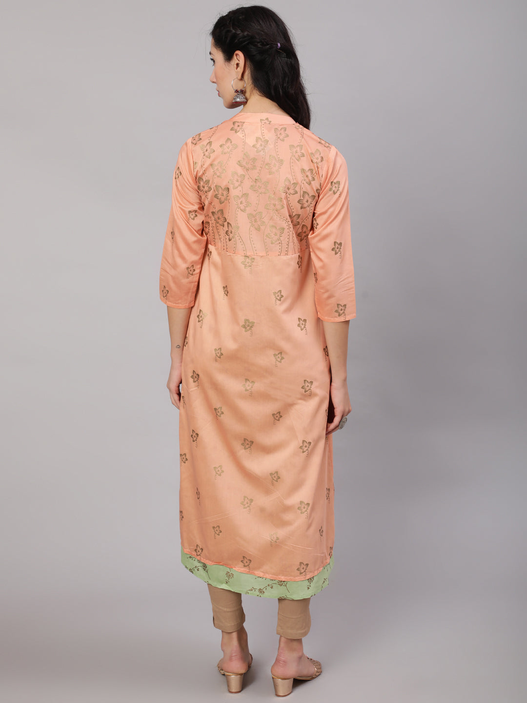 Peach & Green Gold Print Layered Kurta