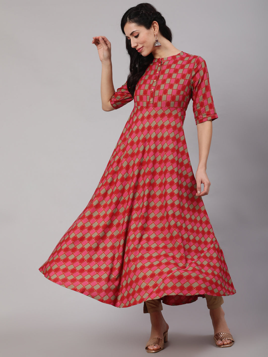 Red Gold Checked Anarkali