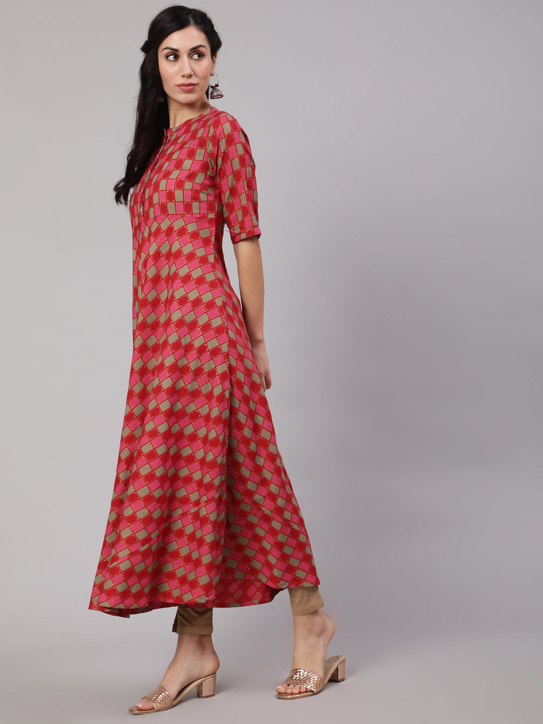 Red Gold Checked Anarkali