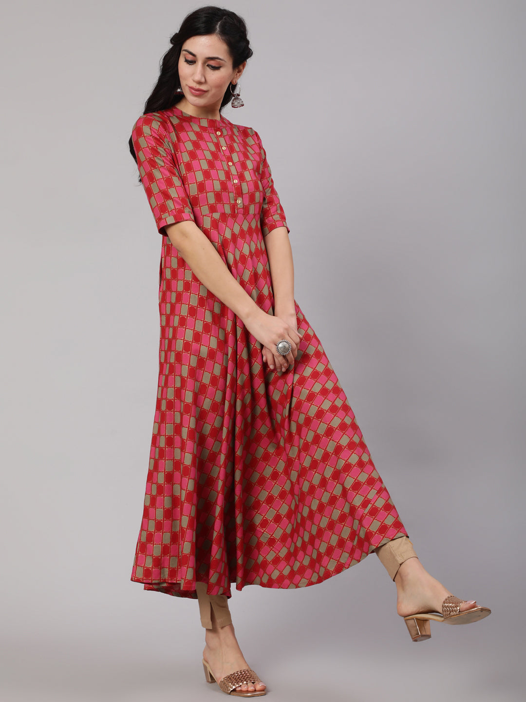 Red Gold Checked Anarkali