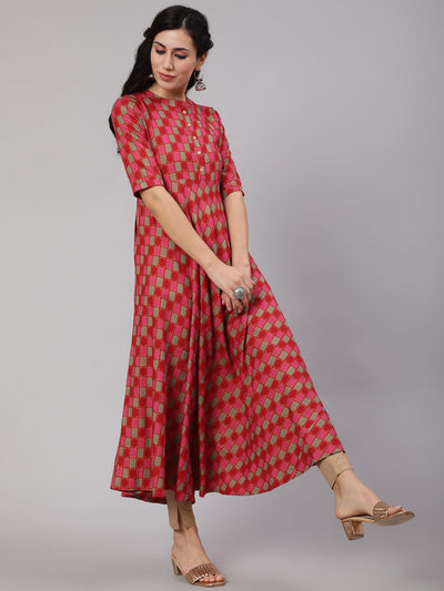 Red Gold Checked Anarkali