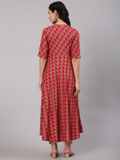 Red Gold Checked Anarkali
