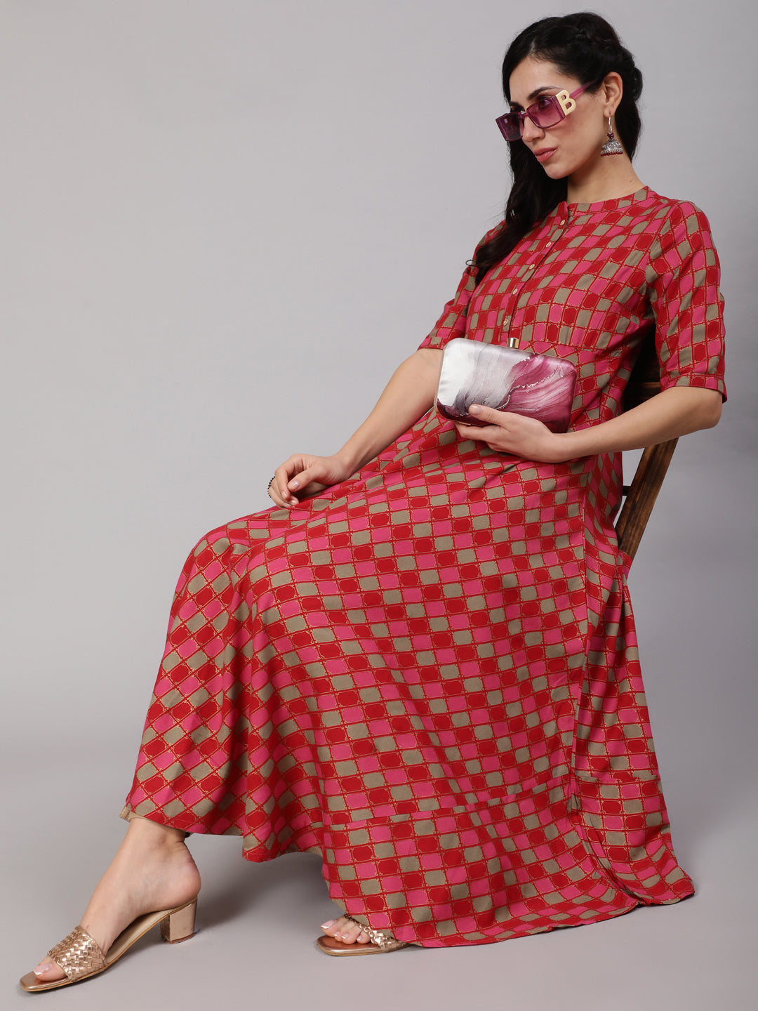 Red Gold Checked Anarkali