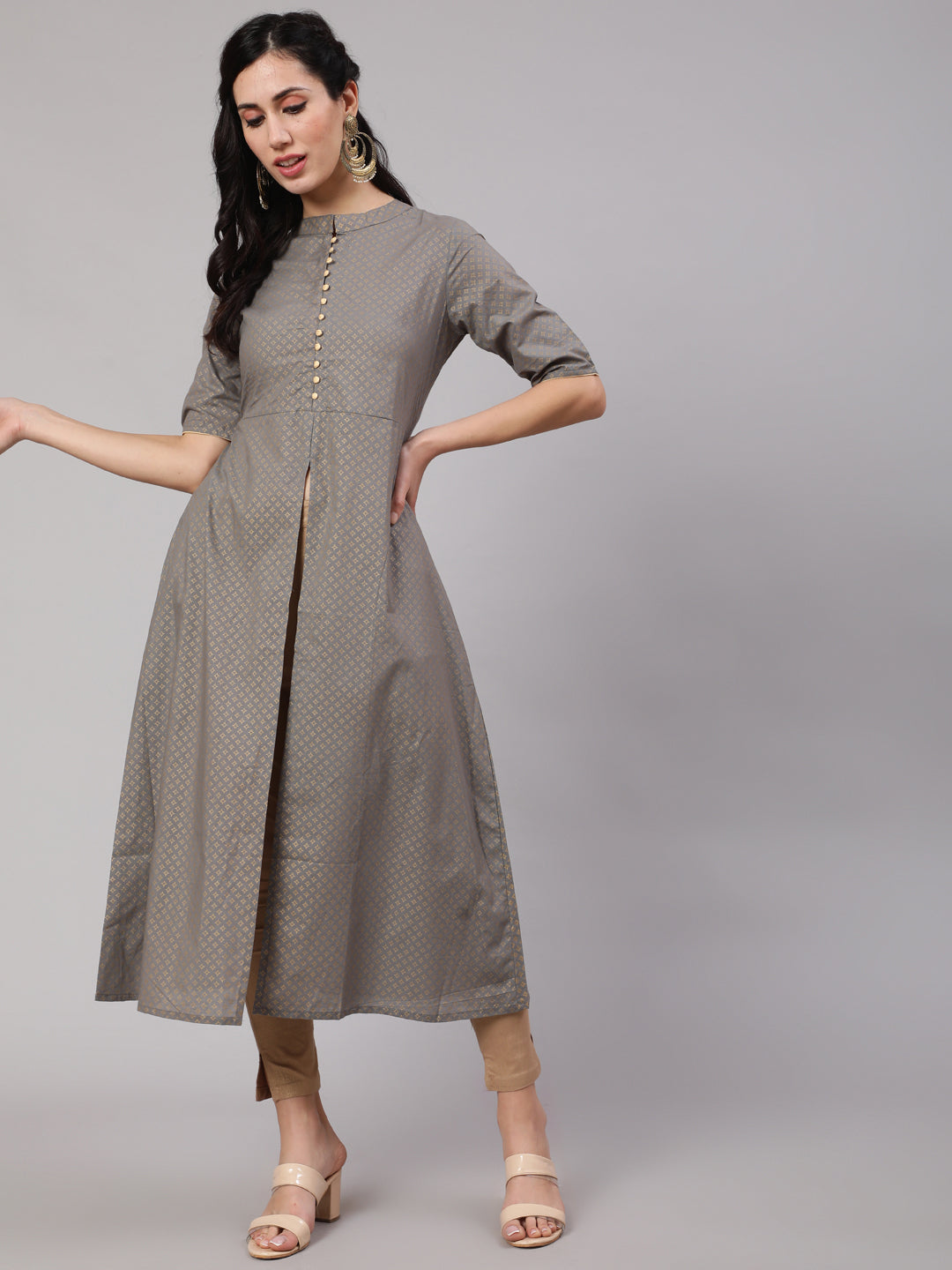 Grey Gold Print A-Line Kurta