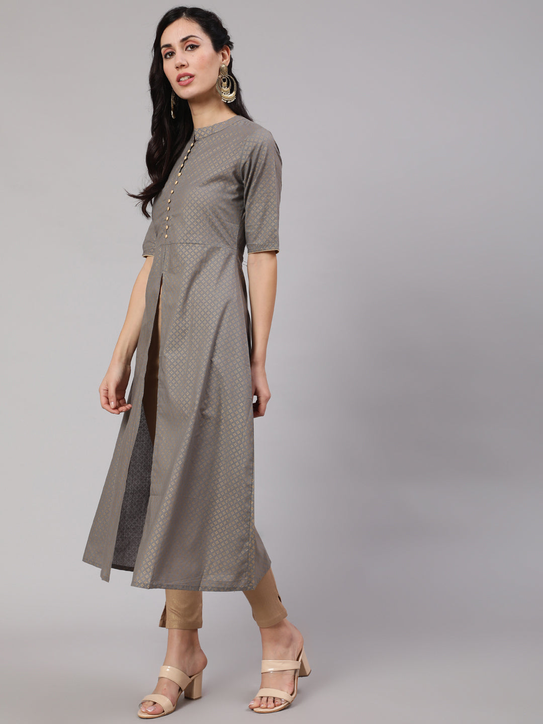 Grey Gold Print A-Line Kurta