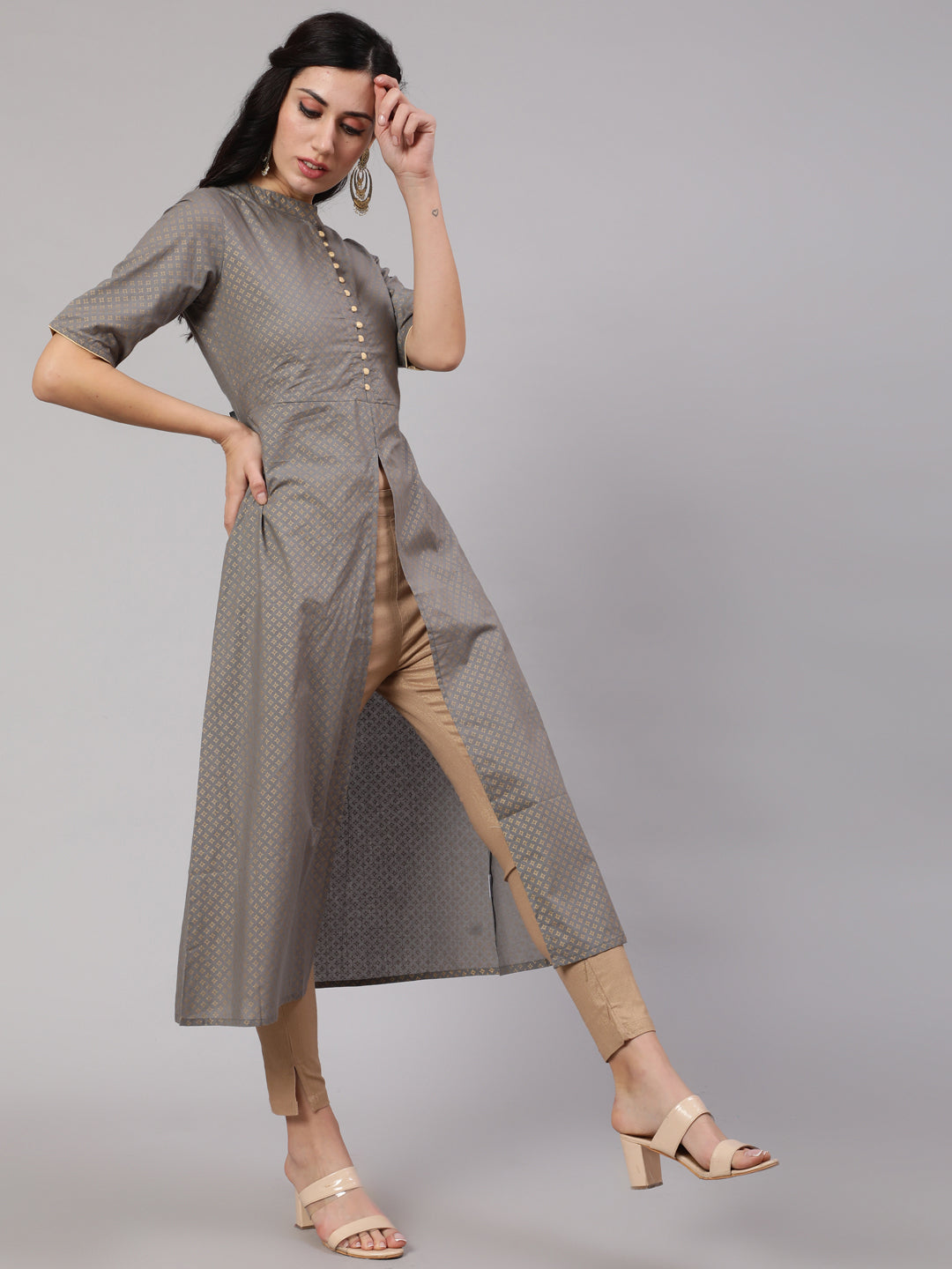 Grey Gold Print A-Line Kurta