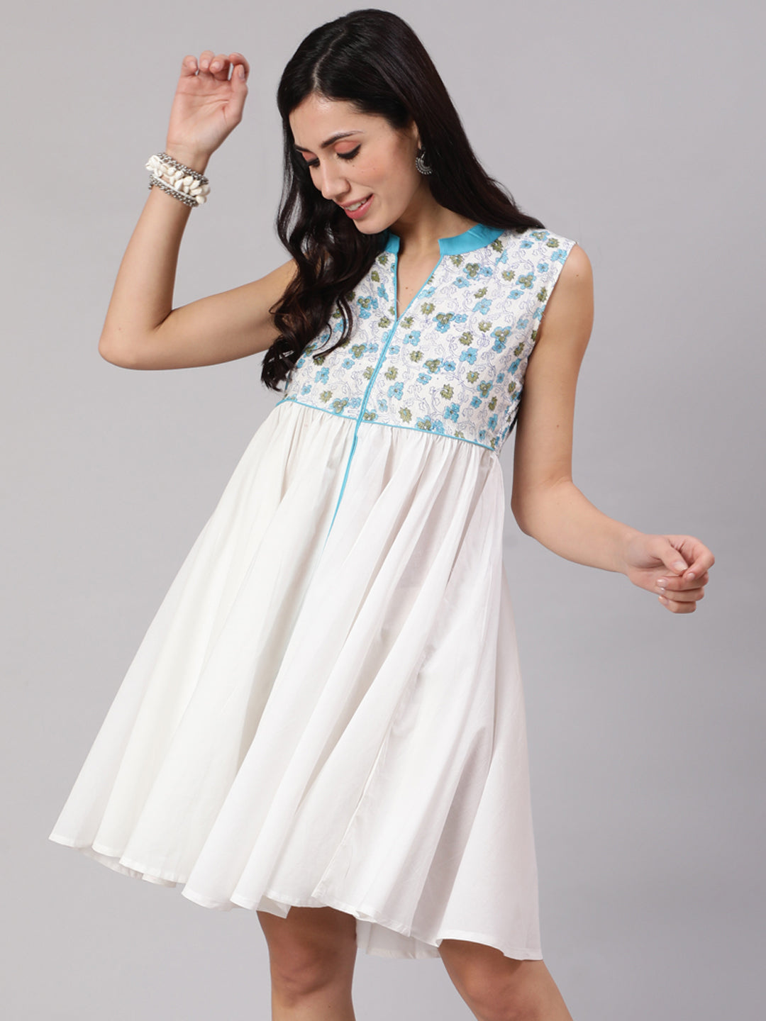 White & Blue Hand Block Print Short Dress