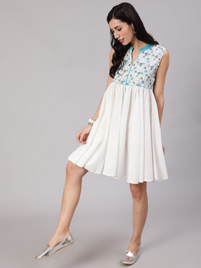 White & Blue Hand Block Print Short Dress